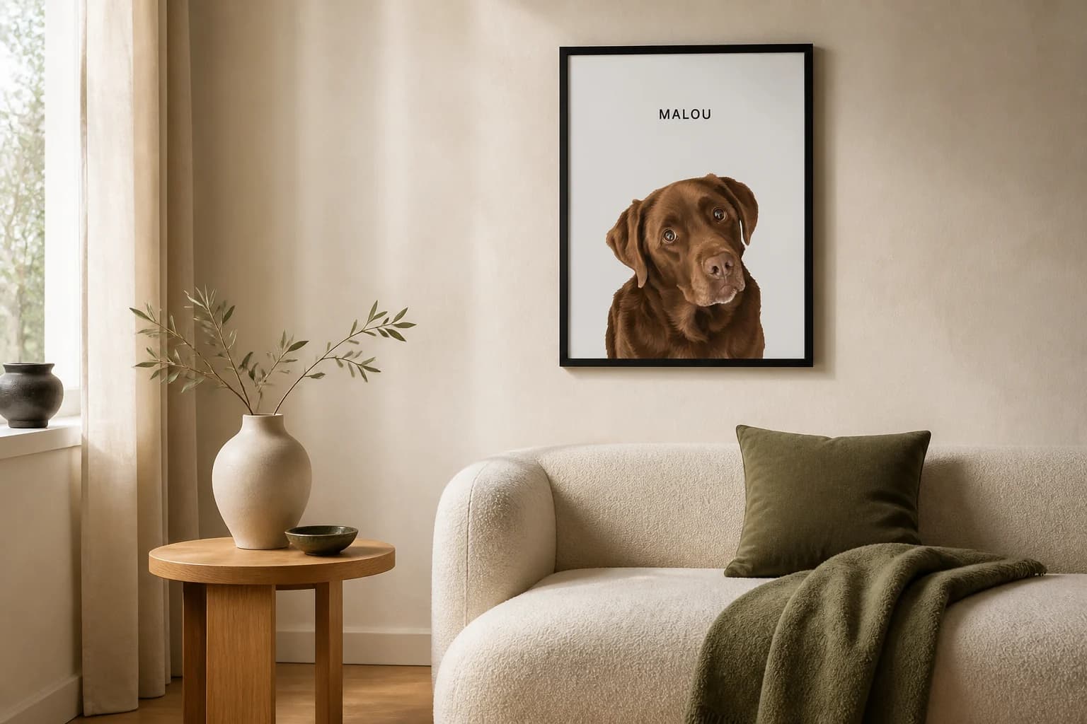 Gerahmtes PetPics-Portrait von Malou in einem hellen, modern eingerichteten Wohnzimmer